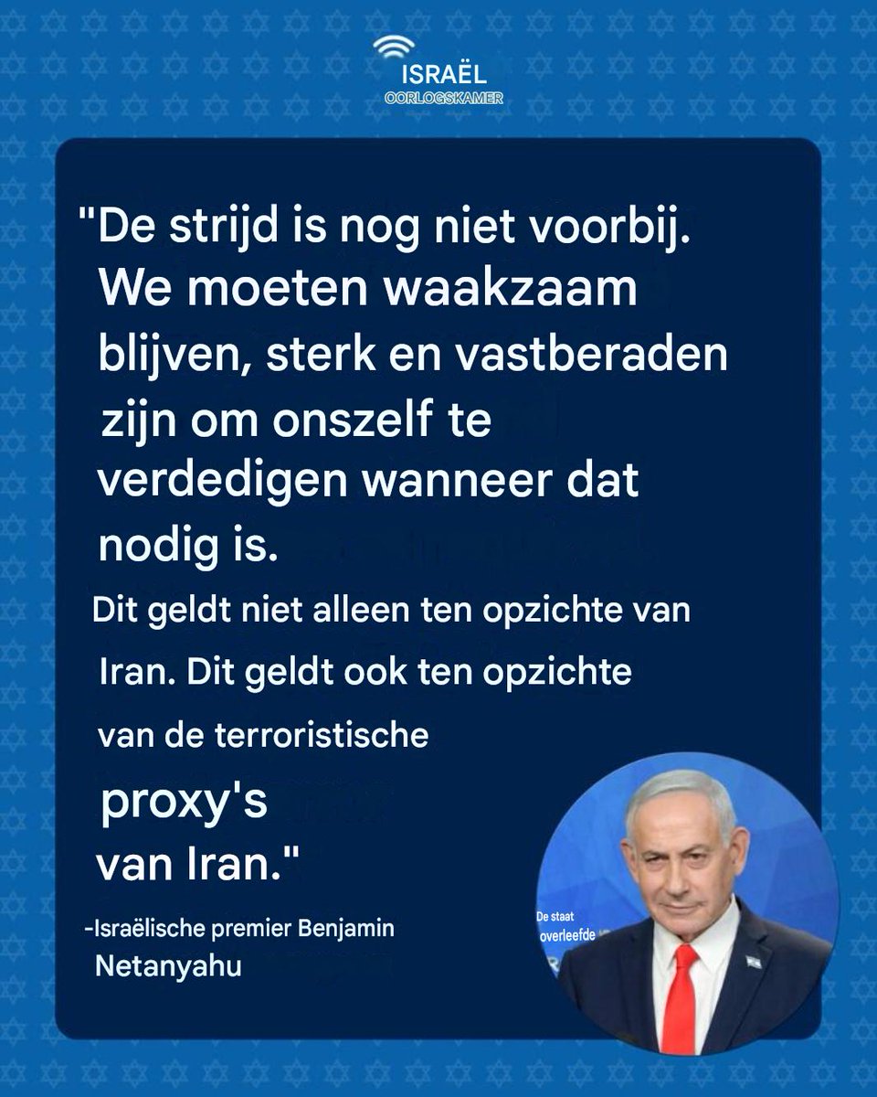 Israel_cnn's tweet photo. ‘De strijd is nog niet voorbij. We zullen onze waakzaamheid moeten handhaven, sterk en vastbesloten moeten blijven om onszelf te verdedigen zoals vereist. Dit geldt niet alleen ten opzichte van Iran. Dit geldt ook ten opzichte van de Iraanse terreurvolmachten."

-Israëlische premier
@Netanyahu
