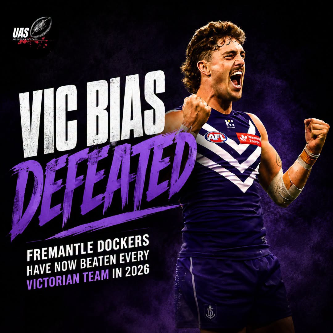 UselessStatsAFL's tweet photo. After defeating Geelong, Fremantle have now won against all 10 Victorian teams in the Home and Away season. They become just the second side to do so after Sydney (2004) who needed the full 22 rounds to do so. https://t.co/m4bvwzgPfZ