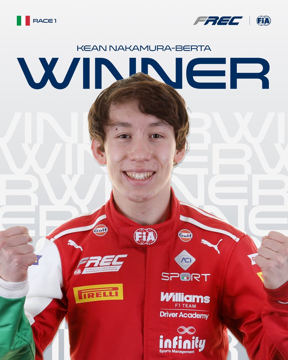 fia's tweet photo. Kean Nakamura-Berta WINS in Monza! 🇮🇹

The Prema driver wins Race 1 ahead of Emanuele Olivieri and Salim Hanna 👏

#FIA #FREC https://t.co/0KE7TJSxat