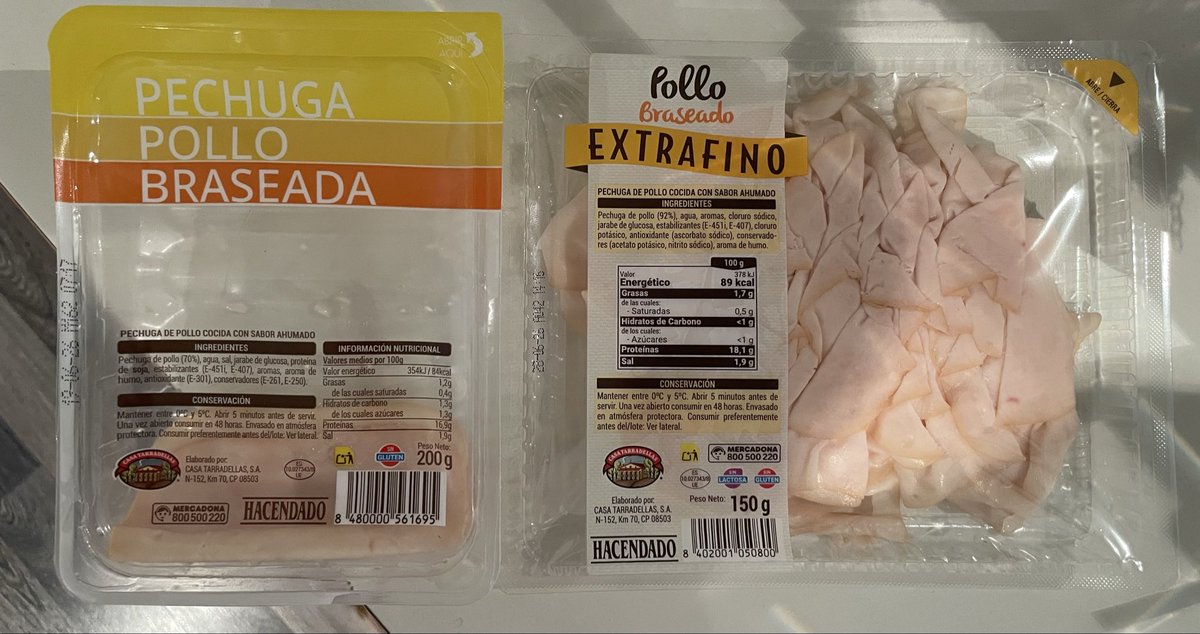 MariaJeGon's tweet photo. Señorxs del @Mercadona , han cambiado el formato de pechuga braseada de 200g a 2,30€ por el formato de 150g a 2,85€. El motivo no es mejorar la experiencia del cliente es mejorar sus bolsillos #mercadona https://t.co/NAvABxISKb