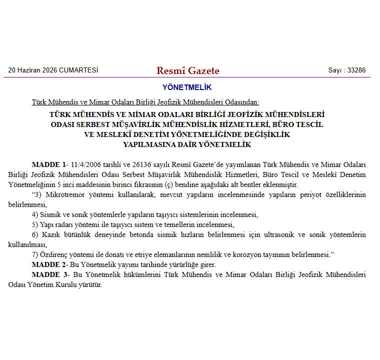 tmmobjfmo's tweet photo. Jeofizik Mühendisliğinin Yapı İnceleme Alanındaki Yetkileri Resmî Gazete’de Yayımlandı

TMMOB Jeofizik Mühendisleri Odası Serbest Müşavirlik Mühendislik Hizmetleri, Büro Tescil ve Meslekî Denetim Yönetmeliğinde yapılan değişiklik, 20 Haziran 2026 tarihli Resmî Gazete’de+ https://t.co/oSmA9UGGZj