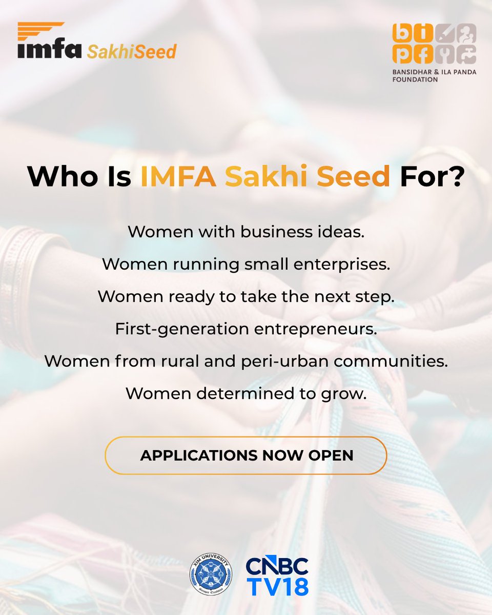 BIPF_Odisha's tweet photo. Sustainable businesses need more than funding.

Knowledge, mentorship, trusted networks and growth opportunities are equally important to building resilient enterprises.

That’s the vision behind #SakhiSeed—supporting women entrepreneurs on their growth journey.

Applications are now open.
Apply here: https://t.co/O13ty5ZIkC

@ShereenBhan @Ajaita_Shah @chetnavsinha @thinkcarbon #ShaifalikaPanda

#WomenEntrepreneurs #EnterpriseDevelopment #BusinessGrowth #RuralEntrepreneurship #IMFA #BIPF