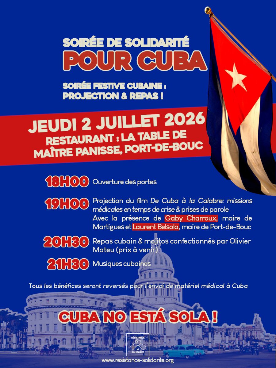 r_solidarite's tweet photo. Grande soirée de solidarité avec #Cuba à Port-de-Bouc en présence de Gabby Charroux, maire de #Martigues, et Laurent Belsola, maire de #PortdeBouc https://t.co/xrjefinT9l