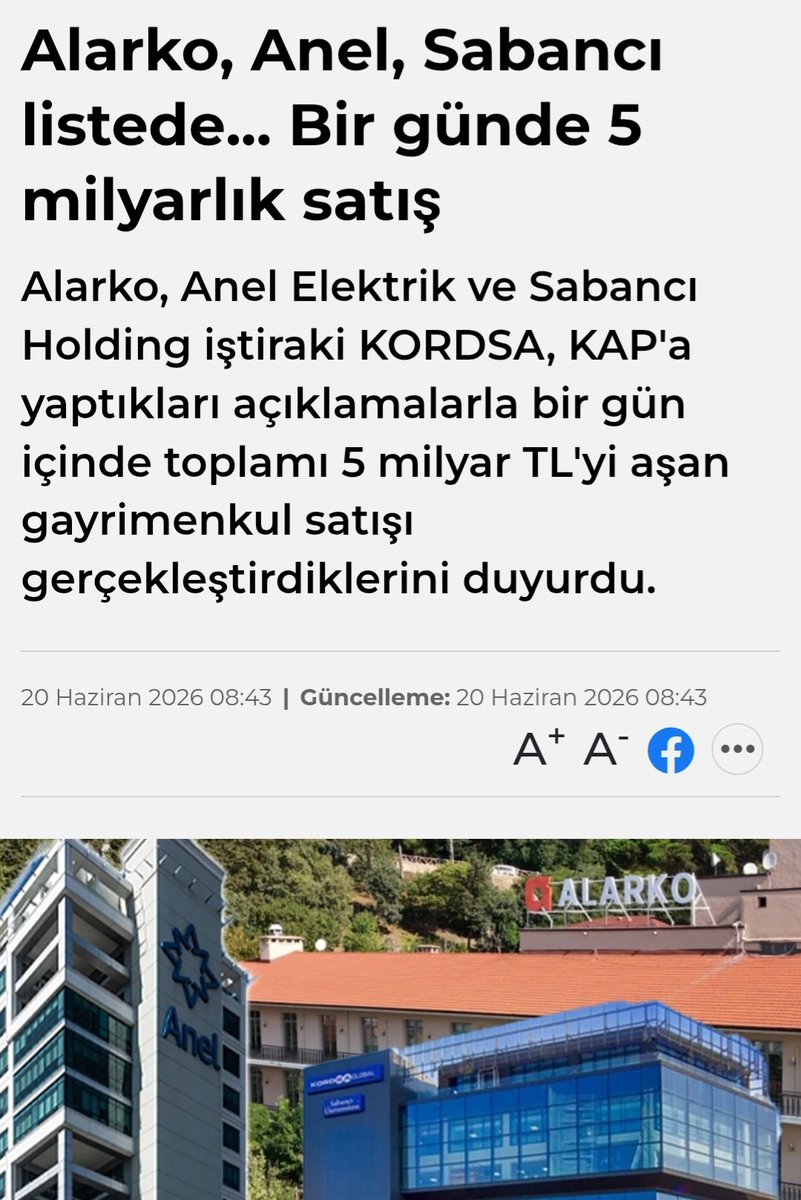 berna_gulpinar's tweet photo. Koca şirketler artık varlık satışı yapıyor.

Alarko Holding, Anel Elektrik ve Kordsa, toplamda 5 milyar TL'lik gayrimenkul satışını KAP'a bildirdi. Aynı günde.

Anel Elektrik, iş merkezi binasını alacaklı bankalara sattı.

Kordsa bilanço güçlendirmek için arazilerini satıyor.
🧐 https://t.co/EFc4LSZm5J
