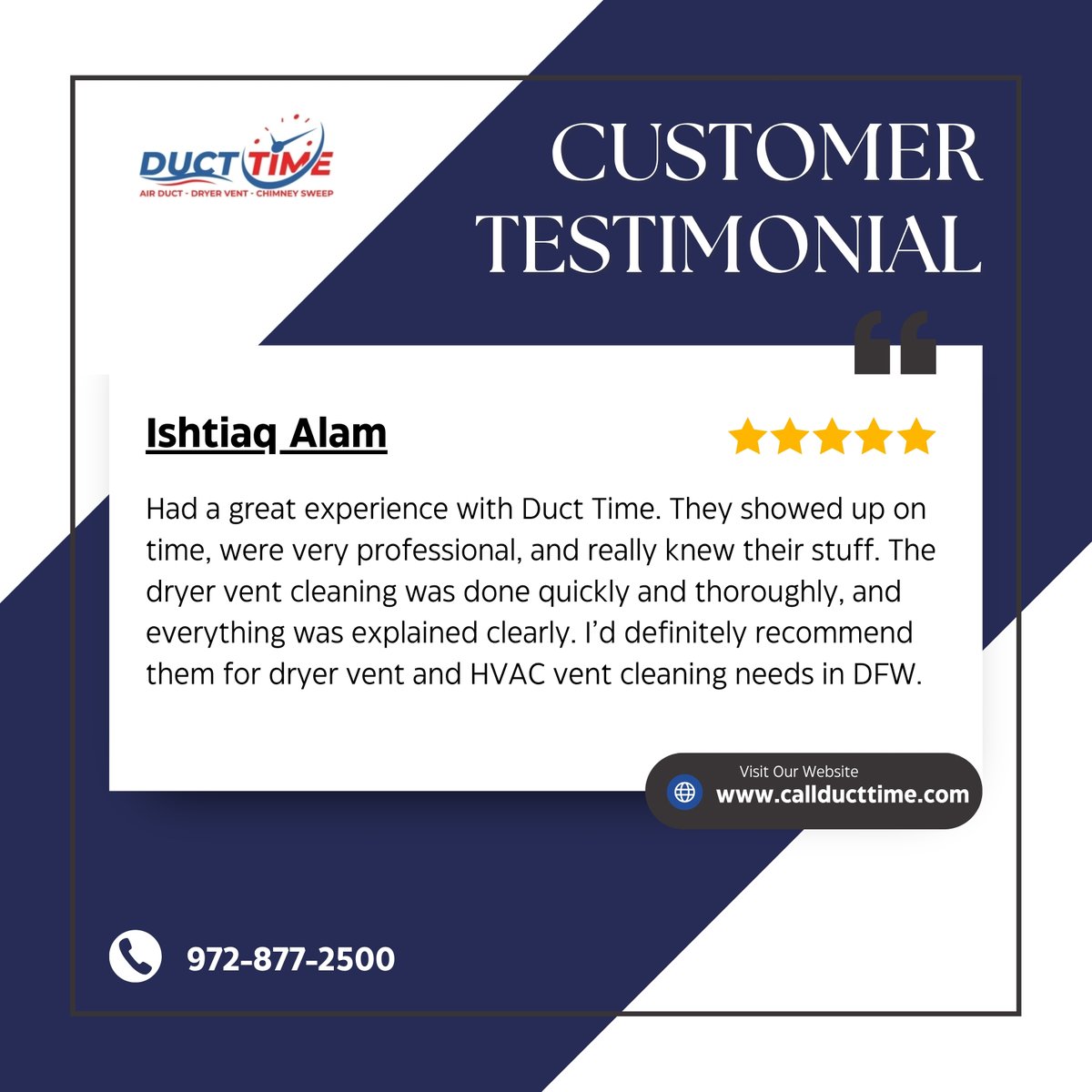callducttime's tweet photo. 🌟 Customer Satisfaction Speaks for Itself! 🌟

Thank you, Ishtiaq Alam, for your amazing 5⭐ review! 🙌💙
🌬️✨
📞 Call Today: 972-877-2500
🌐 Visit: https://t.co/LZnaIyASth

#CustomerTestimonial #FiveStarReview #DuctTime https://t.co/rpoA0SRflF