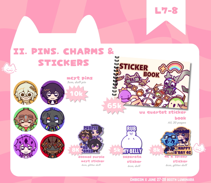 caemichi's tweet photo. Dropping in my #chibiconx ots catalog!

📅: Both Days
📌: Luminara (L7-8)
🛒 Fandom : MCYT (Lifesteal SMP, Unstable Universe, StateSMP, Parkour Civilization), Hndrline, VN, Malevolent, GSGW/GDCG
#chibicon #chibiconx #chibiconcatalog https://t.co/wBFvuAuwBm