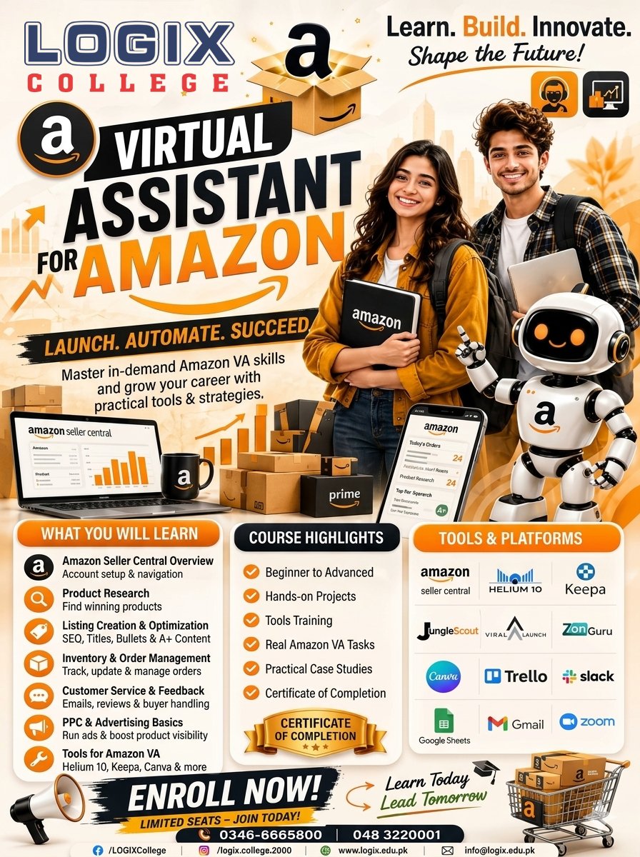 logixcollege's tweet photo. 🚀 Start Your Career as an Amazon Virtual Assistant! 📦💻
#VirtualAssistant #AmazonVA #AmazonFBA #Freelancing #DigitalSkills #OnlineCareer #RemoteWork #Ecommerce #AmazonSeller #LogixCollege #Pakistan #SkillDevelopment https://t.co/qEiUgV89yR