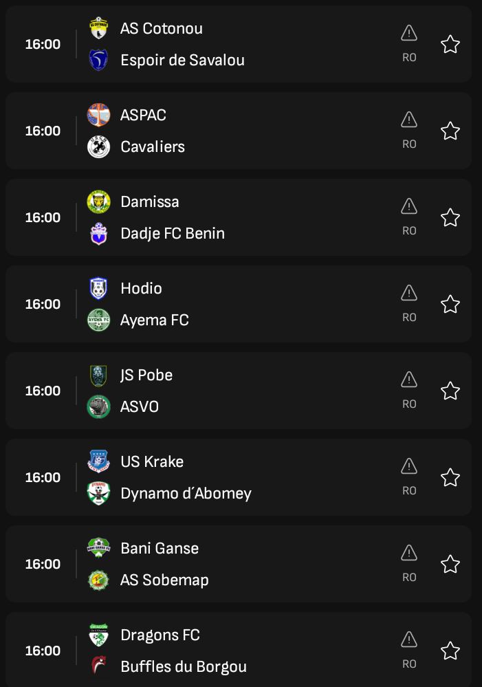 CallBreak365's tweet photo. BENIN 🇧🇯 LIGUE 1
CHAMPIONNAT NATIONAL D1
34E JOURNÉE | SAM 20/06/26

9 rencontres au programme de cet après midi. @livescore @FootballBenin https://t.co/pZD1T5issZ