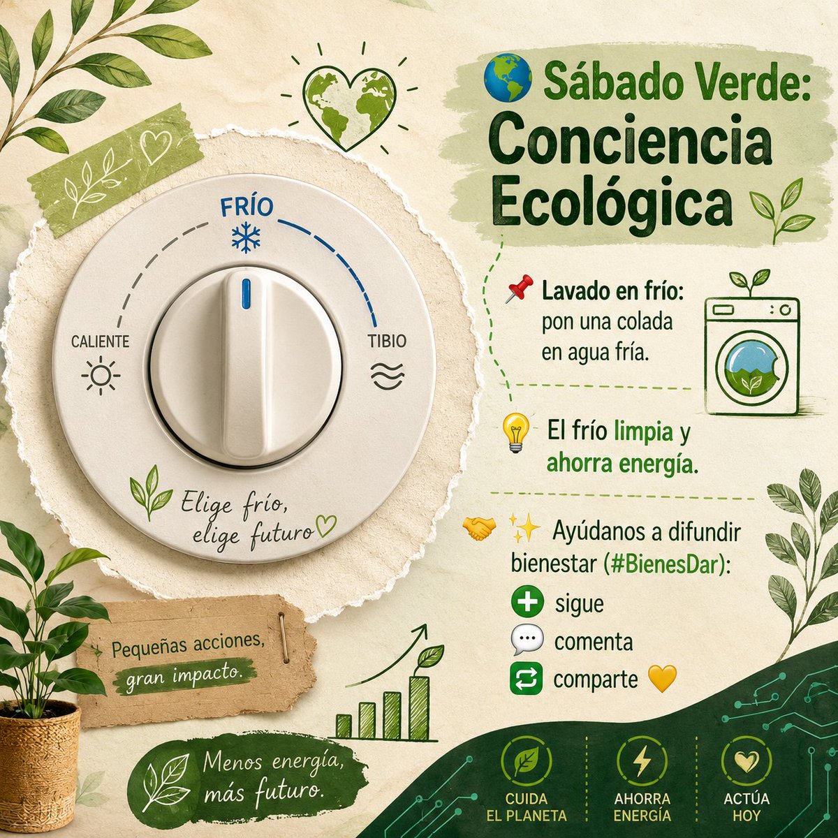 BienesDar's tweet photo. 🌍 Sábado Verde: Conciencia Ecológica
 📌 Lavado en frío: pon una colada en agua fría.
 💡 El frío limpia y ahorra energía.
 🤝✨ Ayúdanos a difundir bienestar (#BienesDar): sigue ➕, comenta 💬 y comparte 🔁 💛 https://t.co/ZfebEioeDx