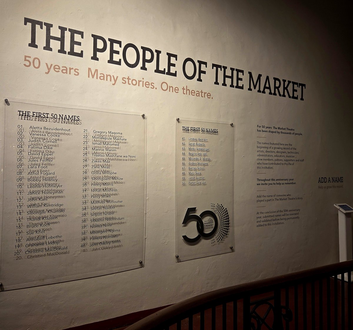 MarketTheatre's tweet photo. Who helped shape your Market Theatre story? 🎭😍

When you're at The Market Theatre, don't forget to add their name to The People of The Market wall. ✍️

Help us celebrate the artists, audiences, staff and supporters who have made the last 50 years possible.

#MarketTheatre50 https://t.co/HQ04mAHZ8r