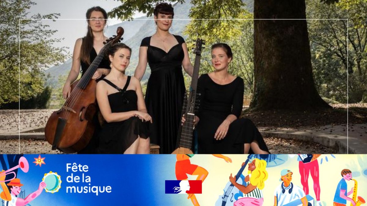 Fête de la Musique : visuel inspiré de l’affiche de Maguelone du Fou, associé avec une photographie de l’ensemble des Ensemble des Kapsber' girls (portrait des musiciennes dans un jardin), photographie  © P. Morales
