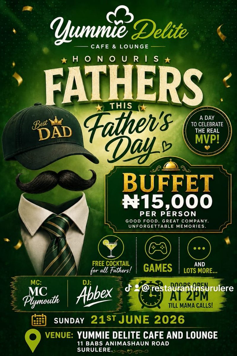 YummieDelite's tweet photo. Join us as we celebrate father's Day at Yummie Delite. it promises to be a day of fun, later and merriment.
#fathersday #surulere #celebration #restaurant #lagos https://t.co/hdTpQKqbGi