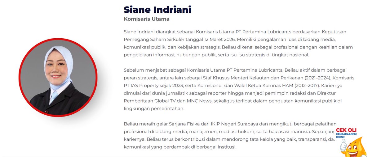 dimarsasongko98's tweet photo. Komisaris Utama Pertamina Lubricants yang baru, Siane Indriani, dulu Komisioner sekaligus Wakil Ketua Komnas HAM 2012-2017, vokal soal penggusuran Waduk Pluit, reklamasi Teluk Jakarta dan Benoa, sampai kriminalisasi ulama 212. 

Begitu masa jabatannya kelar, dia langsung jadi caleg Gerindra 2018, terus jubir resmi tim Prabowo-Sandiaga di Pilpres 2019, ikut nyusun bagian HAM di visi-misi mereka. 

Habis itu jadi Staf Khusus Menteri KKP, lalu masuk sirkuit komisaris BUMN: Pertamina Patra Logistik, IAS Property, dan sekarang Pertamina Lubricants,perusahaan pelumas yang nggak ada hubungannya sama HAM atau jurnalistik.

Bukan berarti dia nggak kompeten dulu di Komnas HAM,dia termasuk yang lumayan vokal. 

Tapi pola ini yang harus dipertanyakan: lembaga yang fungsinya jadi pengawas independen negara soal HAM, ternyata bisa jadi modal karier buat masuk lingkaran komisaris BUMN lewat jalur partai dan tim sukses capres. 

Kalau jalurnya emang kayak gini, independensi Komnas HAM itu sebenarnya dijaga untuk siapa?