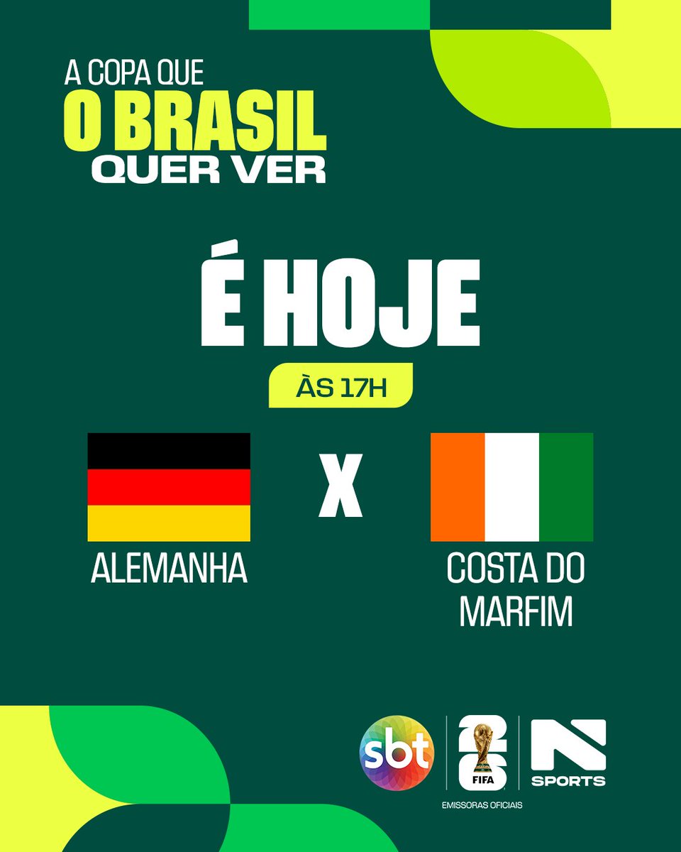 SBTonline's tweet photo. Hoje tem mais um jogaço da Copa do Mundo na tela do SBT! 🔥⚽

Alemanha e Costa do Marfim se enfrentam às 17h, em um confronto que promete muita emoção do início ao fim.

Reúna a torcida e venha acompanhar com a gente! 📺🌍🏆 https://t.co/NWRfiJNiMK