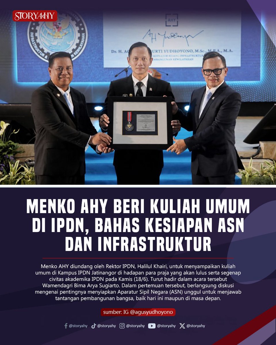 STORYAHY's tweet photo. Menko AHY memberikan kuliah umum di IPDN Jatinangor tentang pentingnya menyiapkan ASN unggul untuk menjawab tantangan pembangunan bangsa. Ia berharap para praja memahami prioritas pembangunan nasional dan mampu menghadirkan solusi yang berpihak kepada masyarakat. https://t.co/bKjwYjyKaj