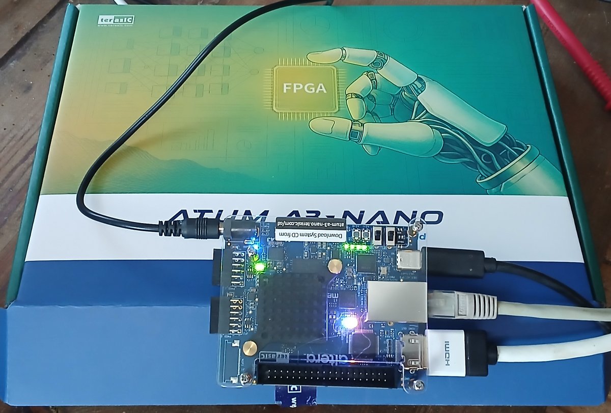 GwenhaelG's tweet photo. Recently received a @Terasic_FPGA Atum A3-Nano featuring an @AlteraFPGA_ Agilex 3, SDRAM, Ethernet, HDMI, and SD-Card support.
A great help in validating #openFPGALoader support for Agilex devices (Agilex3 and Agilex5). SRAM programming support is now fully functional and verified on hardware.
More updates and new features coming soon!
#FPGA #Agilex #openFPGALoader
https://t.co/tOrpJYg7JD