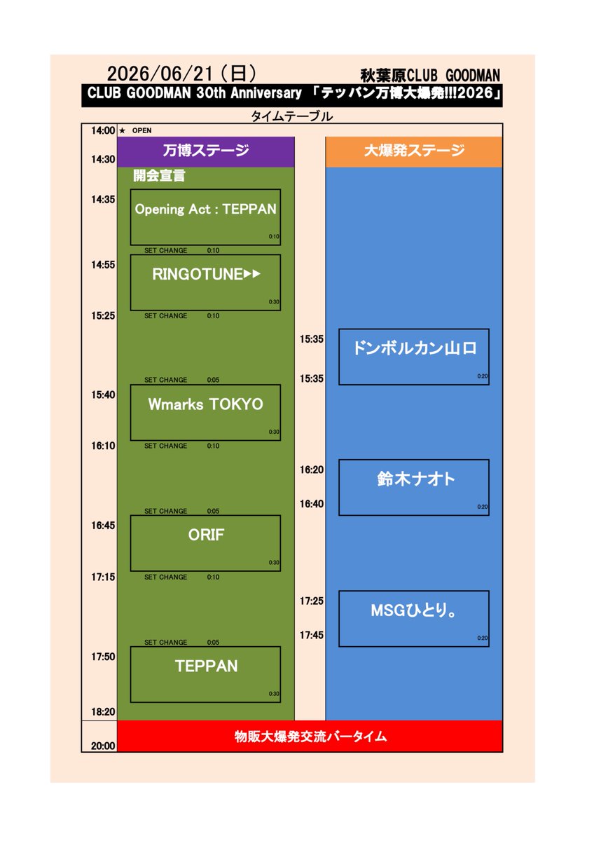 WashyKakka's tweet photo. そして！明日はこちら！
CLUB GOODMAN 30th Anniversary 
「テッパン万博大爆発!!!2026」
TEPPAN大暴れ！なんてことはない、仲間が集まると音楽は楽しい！イベントです！
open14:00start14:30
トップは開会宣言のTEPPANから！
webでのご予約は本日まで！お忘れなく！
https://t.co/OVLaPiBJbR https://t.co/dPgOOdDvX8