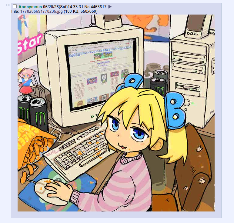 pareorogas's tweet photo. 4chanの二次元美少女画像専門板（/c/）を見ていたら「Cute girls and computers」というトピックがあった。これも古くからあるインターネット美学（＝エステティック）だと思うが、いまいち起源が分からない。掘っていくと、そのままネット史を掘ることになりそう。 https://t.co/aV32glx3Xt https://t.co/rRwQJC03tj