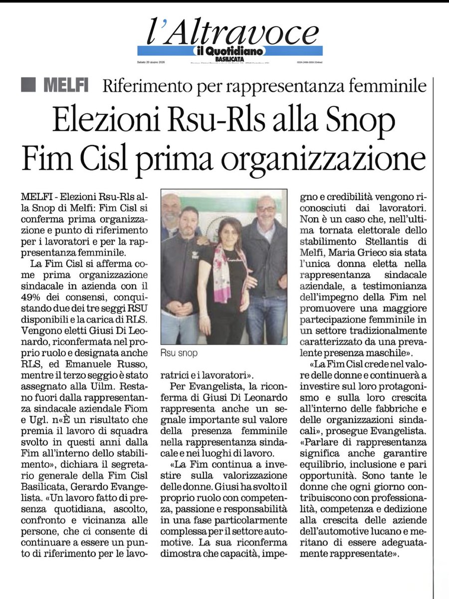 EvangeliGerardo's tweet photo. Gli articoli pubblicati oggi dagli organi di informazione riportano il tema della 𝐫𝐚𝐩𝐩𝐫𝐞𝐬𝐞𝐧𝐭𝐚𝐧𝐳𝐚 𝐟𝐞𝐦𝐦𝐢𝐧𝐢𝐥𝐞 𝐧𝐞𝐢 𝐥𝐮𝐨𝐠𝐡𝐢 𝐝𝐢 𝐥𝐚𝐯𝐨𝐫𝐨 e l’impegno della Fim Cisl per una partecipazione sempre più inclusiva all’interno delle fabbriche.

Nel sito automotive di Melfi questo impegno si traduce da tempo nella 𝐯𝐚𝐥𝐨𝐫𝐢𝐳𝐳𝐚𝐳𝐢𝐨𝐧𝐞 𝐝𝐞𝐥𝐥𝐞 𝐝𝐨𝐧𝐧𝐞 𝐧𝐞𝐥𝐥𝐚 𝐫𝐚𝐩𝐩𝐫𝐞𝐬𝐞𝐧𝐭𝐚𝐧𝐳𝐚 𝐬𝐢𝐧𝐝𝐚𝐜𝐚𝐥𝐞 e nella promozione di una 𝐦𝐚𝐠𝐠𝐢𝐨𝐫𝐞 𝐩𝐚𝐫𝐭𝐞𝐜𝐢𝐩𝐚𝐳𝐢𝐨𝐧𝐞 𝐟𝐞𝐦𝐦𝐢𝐧𝐢𝐥𝐞.

Non a caso, nell’indotto automotive 𝐆𝐢𝐮𝐬𝐢 𝐃𝐢 𝐋𝐞𝐨𝐧𝐚𝐫𝐝𝐨 è 𝐬𝐭𝐚𝐭𝐚 𝐫𝐢𝐜𝐨𝐧𝐟𝐞𝐫𝐦𝐚𝐭𝐚 𝐧𝐞𝐥𝐥𝐚 𝐫𝐚𝐩𝐩𝐫𝐞𝐬𝐞𝐧𝐭𝐚𝐧𝐳𝐚 𝐬𝐢𝐧𝐝𝐚𝐜𝐚𝐥𝐞 alla Snop Automotive, mentre nell’ultima tornata elettorale dello stabilimento Stellantis di Melfi, 𝐌𝐚𝐫𝐢𝐚 𝐆𝐫𝐢𝐞𝐜𝐨 è 𝐬𝐭𝐚𝐭𝐚 𝐥’𝐮𝐧𝐢𝐜𝐚 𝐝𝐨𝐧𝐧𝐚 𝐞𝐥𝐞𝐭𝐭𝐚 𝐧𝐞𝐥𝐥𝐚 𝐫𝐚𝐩𝐩𝐫𝐞𝐬𝐞𝐧𝐭𝐚𝐧𝐳𝐚 𝐬𝐢𝐧𝐝𝐚𝐜𝐚𝐥𝐞 𝐚𝐳𝐢𝐞𝐧𝐝𝐚𝐥𝐞.

🔻Articoli di oggi estratti da:
@quotidianoweb 
@LaNuovadelSud 

 #Melfi #Automotive #Stellantis #Indotto #PariOpportunità #RappresentanzaSindacale #DonneNelLavoro