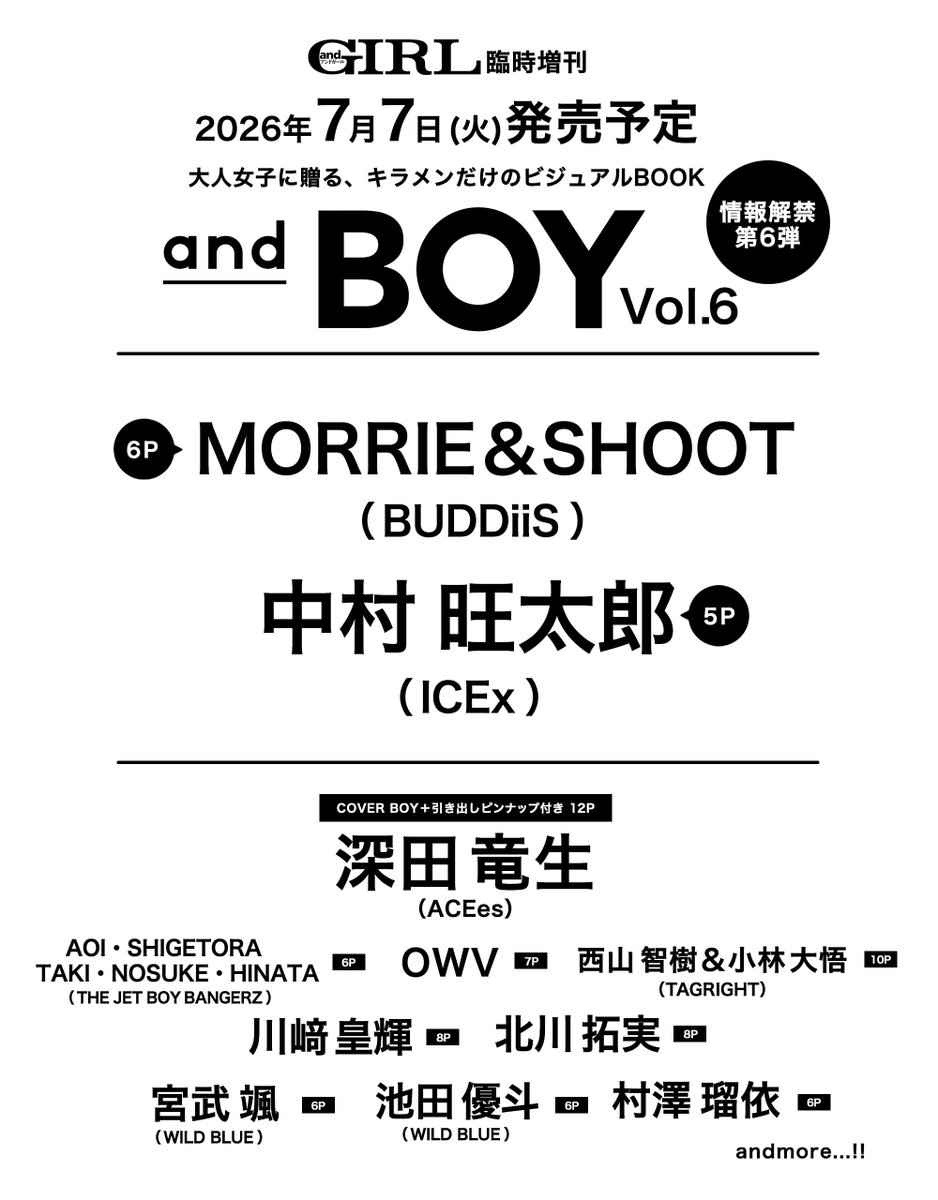 andGIRL_jp's tweet photo. 7月7日に発売するandBOYVol.6の出演者発表！

MORRIIE＆SHOOT(BUDDiiS)
中村旺太郎（ICEx）

予約はこちら! 
Amazon ：https://t.co/8CuGmSKmoz
セブンネット：https://t.co/6FPUvCKvHQ
タワーレコード：https://t.co/G0vS9prBAH

#MORRIIE #SHOOT #BUDDiiS #中村旺太郎 #ICEx #andboy #andBOY https://t.co/5c7uguPL6b