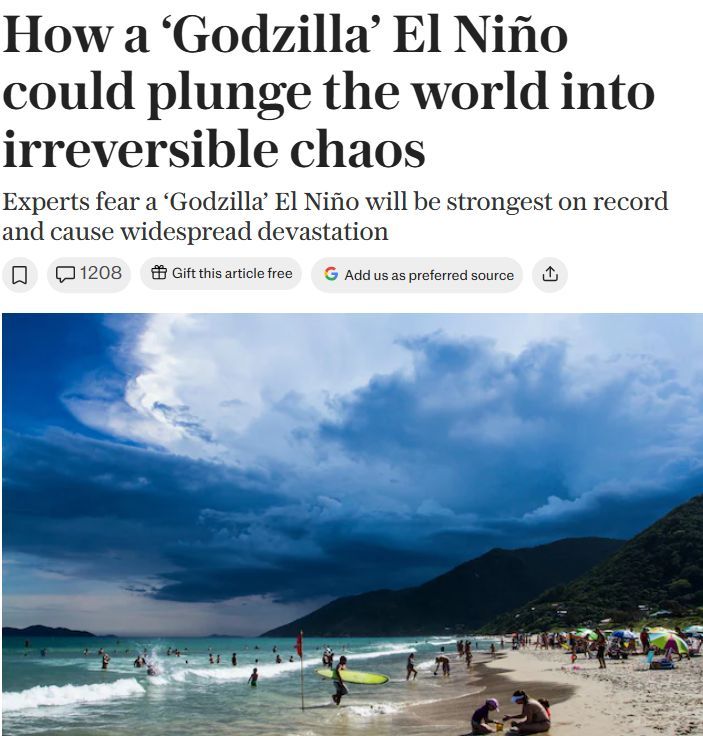 RogerHallamCS21's tweet photo. The Telegraph warns of a “Godzilla” El Niño—famine, migration, death—but leaves out who runs this worldwide concentration camp. https://t.co/JN64fO8wKO