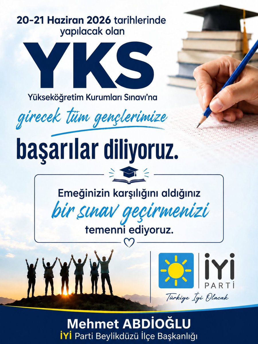 iyibeylikduzu34's tweet photo. 20-21 Haziran tarihlerinde YKS’ye girecek tüm gençlerimize gönülden başarılar diliyoruz.

Aylarca süren emeklerinizin, fedakârlıklarınızın ve hayalleriniz için verdiğiniz mücadelenin karşılığını alacağınız bir sınav süreci geçirmenizi temenni ediyoruz.

Unutmayın; başarı sadece sonuçta değil, hedeflerinize ulaşmak için gösterdiğiniz azim ve kararlılıktadır.

Bu önemli yolculukta yanınızda olan ailelerimize ve öğrencilerimizin yetişmesinde büyük emekleri bulunan kıymetli öğretmenlerimize de teşekkür ediyoruz.

Yolunuz açık, geleceğiniz aydınlık olsun.

#YKS2026 #BaşarılarGençler #Eğitim #Beylikdüzü #İYİParti 
@iyiparti
@MDervisogluTR
@Ozturkdenizli @iyiparti_34 @Yucel_Coskun @mesutdursunn @mehmet_abdioglu