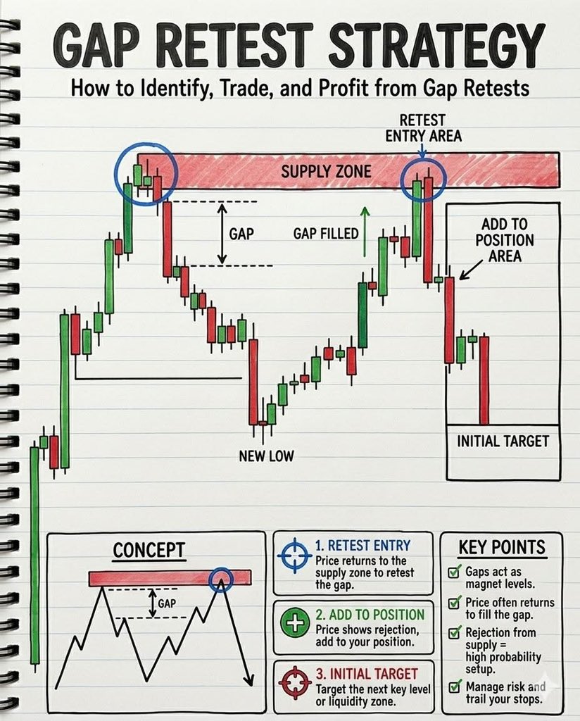 GuideMeTrade's tweet photo. 🚨 GAP RETEST = One of the highest probability setups!
Don’t chase the breakout.
Wait for the gap fill.
Watch the retest.
Trade the rejection. 📈
Patience pays more than FOMO.
Do you trade Gap Retest setups? 👇
#Trading #GapTrading #PriceAction #StockMarket #SwingTrading #TechnicalAnalysis #Nifty #TraderLife #Investing #MarketStructure 🚀📊