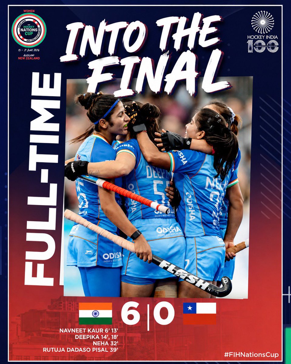 TheHockeyIndia's tweet photo. 𝐓𝐄𝐀𝐌 𝐈𝐍𝐃𝐈𝐀, 𝐓𝐇𝐄 𝐅𝐈𝐍𝐀𝐋𝐈𝐒𝐓! 🇮🇳🏆

A commanding 6-0 win from the Women in Blue sees India book their 𝐩𝐥𝐚𝐜𝐞 𝐢𝐧 𝐭𝐡𝐞 𝐅𝐢𝐧𝐚𝐥 𝐨𝐟 𝐭𝐡𝐞 𝐅𝐈𝐇 𝐇𝐨𝐜𝐤𝐞𝐲 𝐖𝐨𝐦𝐞𝐧’𝐬 𝐍𝐚𝐭𝐢𝐨𝐧𝐬 𝐂𝐮𝐩 𝐍𝐞𝐰 𝐙𝐞𝐚𝐥𝐚𝐧𝐝 𝟐𝟎𝟐𝟓–𝟐𝟔.🔥💙

One step away from the title. 💪

India will face either the USA or hosts New Zealand in the Final tomorrow. Catch Team India LIVE on the https://t.co/H82ERZwZhW app and website.

#HockeyIndia #IndiaKaGame #FIHNationsCup