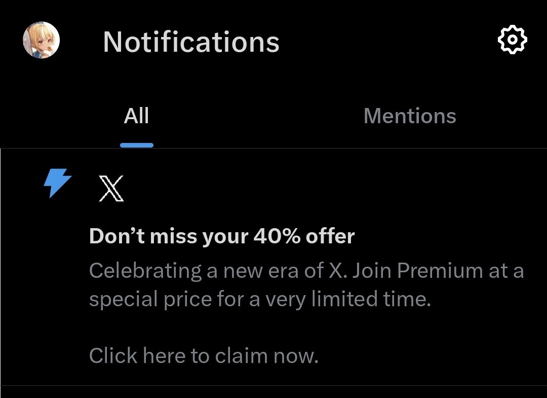 HalfElf_Flare's tweet photo. (I see I have a notification! I go over and check-
Oh, it's literally just an ad.
And I notice the homepage has a permanent banner ad, too. 

They really just want my money, eh?) https://t.co/VV6FcLYp5E