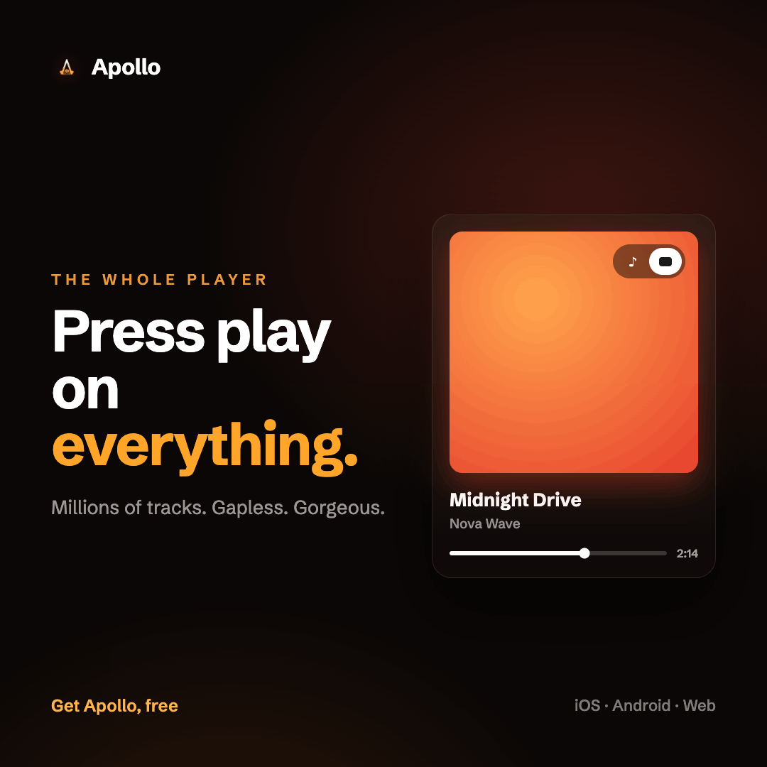 ApolloMusicUS's tweet photo. Press play on everything. Millions of tracks, gapless, gorgeous. Meet Apollo → https://t.co/3xHnYMvjih https://t.co/2sAdjEsell