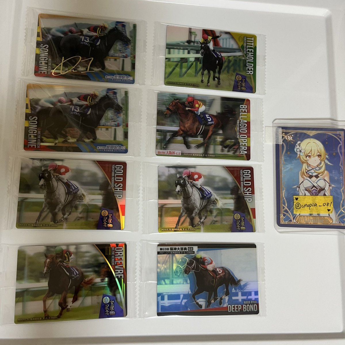 Utopia_081's tweet photo. サラブレッドホースコレクション 交換 譲渡

譲 画像 N 
画像外 箔押し1Rソングライン

求 同種  
フォーエバーヤング メイショウタバル

〇箔押しには複数提供可
〇明日21日 東京競馬場手渡し または 郵送
〇ゴルシ以外のNは1枚220円+送料で譲渡可

御気軽にお声掛けください🌸 https://t.co/pPPTFXosxZ