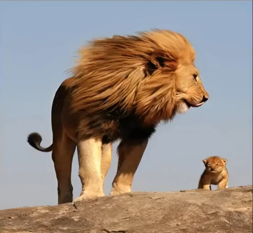 Rainmaker1973's tweet photo. A male lion standing with his cub on an elevated rock at Simba Kopjes in the Serengeti. 

Simba is the Swahili word for lion. Simba Kopjes means "Lion hill". 

These rock hills were an inspiration for scenes in The Lion King.