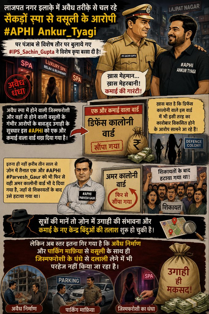 PressSubodhJain's tweet photo. लाजपत नगर इलाक़े में अवैध तरीक़े से चल रहे सैकड़ों स्पा से वसूली के आरोपी #APHI #Ankur_Tyagi पर पंजाब से विशेष तौर पर बुलाये गए #IPS_Sachin_Gupta ने विशेष कृपा बरसा दी है!

अवैध स्पा में होने वाली जिस्मफरोशी और वहाँ से होने वाली वसूली के गंभीर आरोपों के बावजूद उगाही के सूत्रधार इस #APHI को एक और कमाई वाला वार्ड थमा दिया गया है।

ख़ास बात है कि डिफेंस कालोनी वाले इस वार्ड में भी इसी तरह का कारोबार विकसित होने के आरोप सामने आ रहे हैं!

इतना ही नहीं क़रीब तीन साल से ज़ोन में तैनात एक और #APHI #Parvesh_Gaur को भी फिर से वही अमर कालोनी वार्ड भी दे दिया गया है, जहाँ से शिकायतों के बाद उसे हटाया गया था।

सूत्रों की मानें तो ज़ोन में उगाही की संभावना और कमाई के नए केन्द्र बिंदुओं की तलाश शुरु हो चुकी है।

लेकिन अब स्तर इतना गिर गया है कि अवैध निर्माण और पार्किंग माफ़िया से वसूली के साथ ही जिस्मफरोशी के धंधे से दलाली लेने में भी परहेज नहीं किया जा रहा है। 
@PMOIndia @HMOIndia @DoPTGoI @PunjabPoliceInd @MCD_Delhi @BJP4India @BJP4Delhi @DCCNZMCD