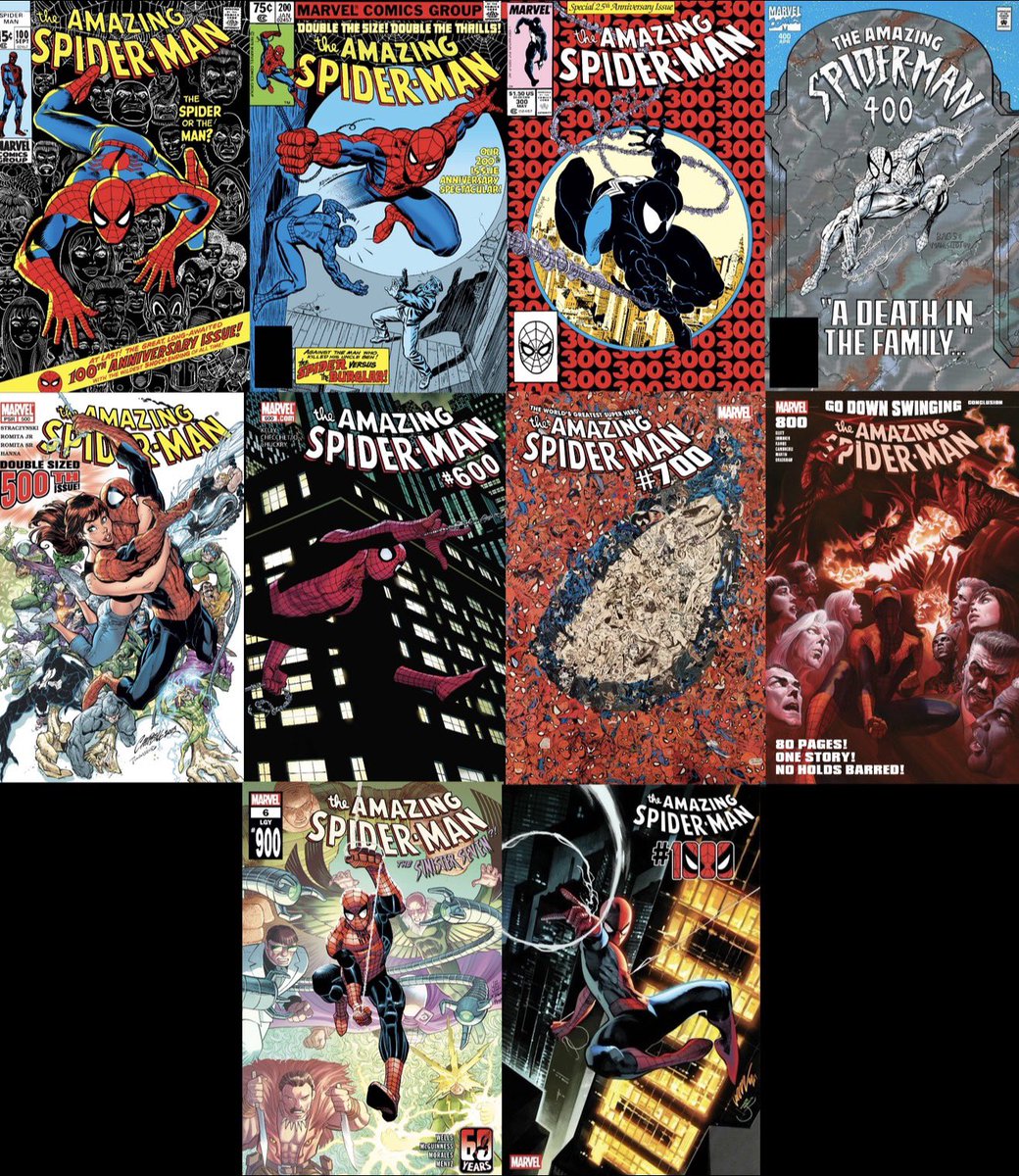 Bizarnage's tweet photo. Whipped this up for comparison’s sake:

All the The Amazing Spider-Man main comic covers that are multiples of 100. https://t.co/aKKFb06eAb