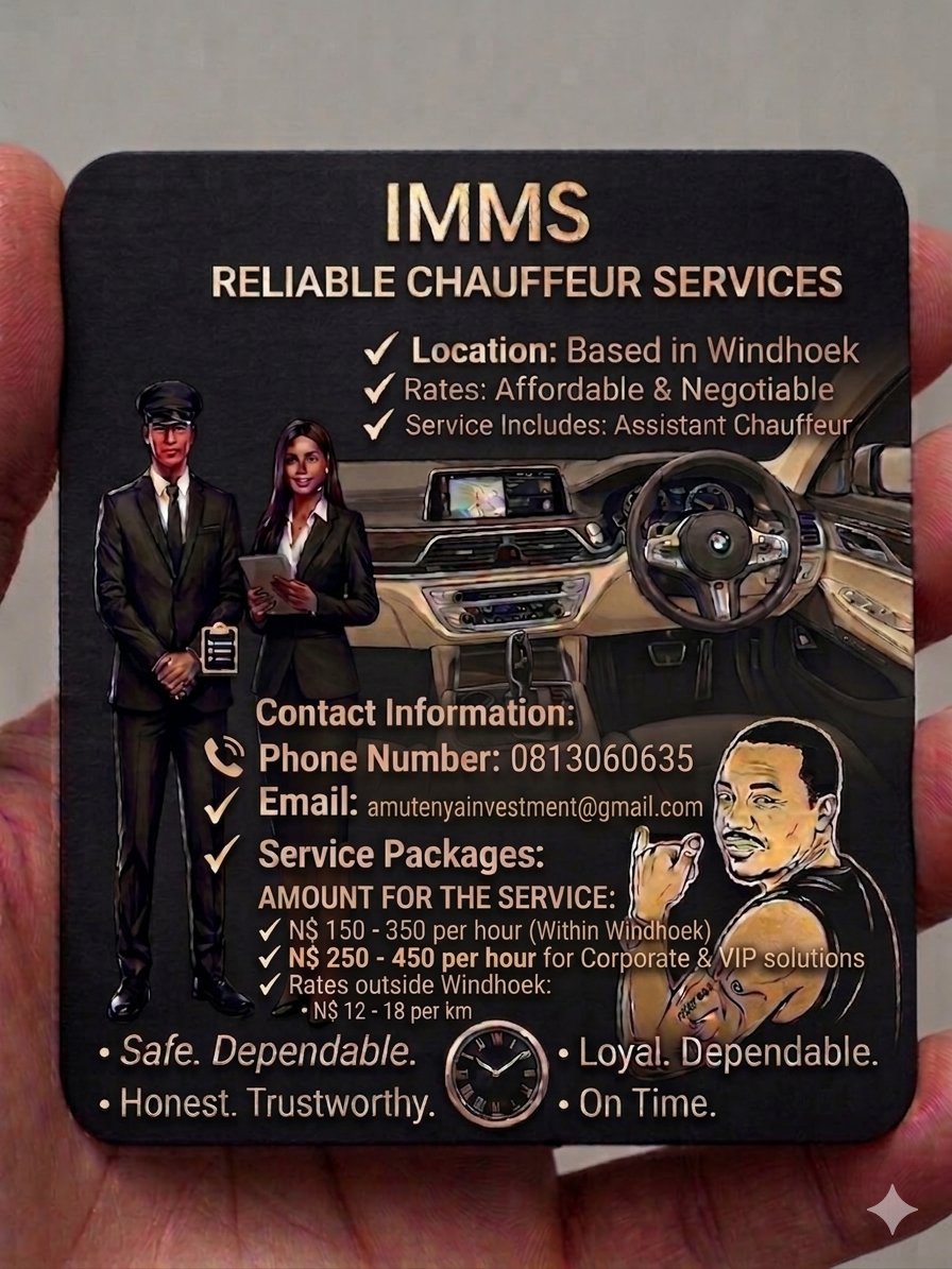 I_am1986's tweet photo. Imms Professional Chauffeur Services 🚗✨
Safe. Dependable. On Time.
📍 Based in Windhoek — Available for all towns!
💰 Hourly Rates: N$ 150 – 350
🛣️ Long Distance: N$ 12 – 18 per km
📞 Book now: 0813060635 / 0853060635 https://t.co/rC61lqfHmS