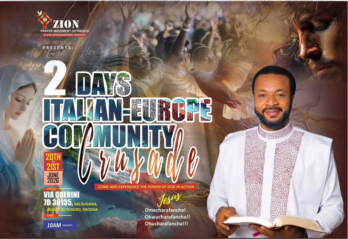 zpmomlagos's tweet photo. Day 1 of Italian- Europe Community Crusade is here! Thousands have gathered from across Europe, Asia, and America for an unforgettable encounter with God

Don’t be told about it—be there live!

Date: 20th June 2026
Time: 10:00 AM Daily
Venue: Via Querini 7D, 35135 Padova, Italy https://t.co/aj0mS71HuA