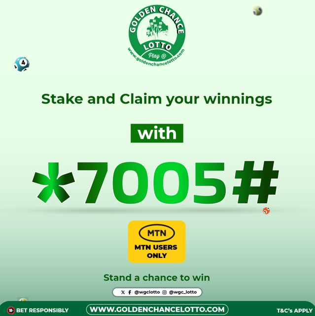 wgclotto's tweet photo. Dial your luck today! 🍀 Play Golden Chance Lotto with *7005# or visit https://t.co/5peFF5GJne. #GoldenChanceLotto #DialToWin #LottoNigeria https://t.co/v4fHgsXgte