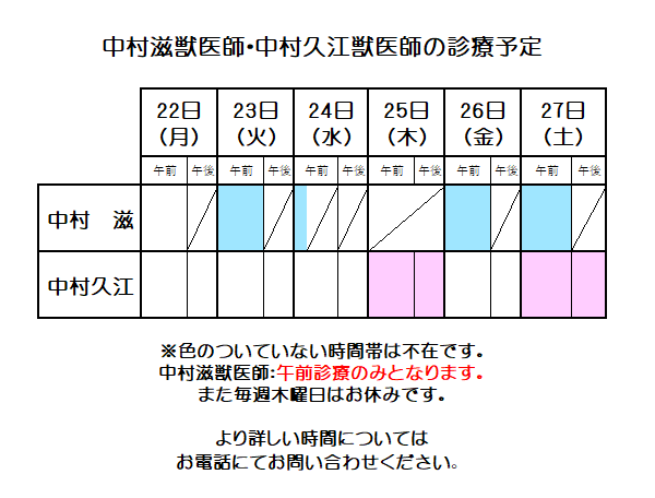 nakavets's tweet photo. 来週の中村滋獣医師、中村久江獣医師の診療予定はこのようになっております。 表の色のついていない時間帯は不在です。急な変更もございますので、当日お電話でのご確認をお勧めいたします。 https://t.co/dksDzoqyWg