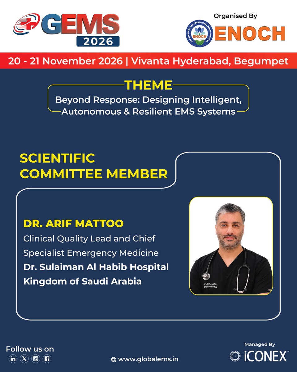 GlobalEMS217675's tweet photo. We are honoured to welcome Dr. Arif Mattoo, Clinical Quality Lead and Chief Specialist Emergency Medicine, Dr. Sulaiman Al Habib Hospital, Kingdom of Saudi Arabia, as a distinguished member of the Scientific Committee for GEMS 2026.

📅 20 - 21 Nov 2026

🔗https://t.co/BAX2OYYrDv https://t.co/Y9TSzNwLf5
