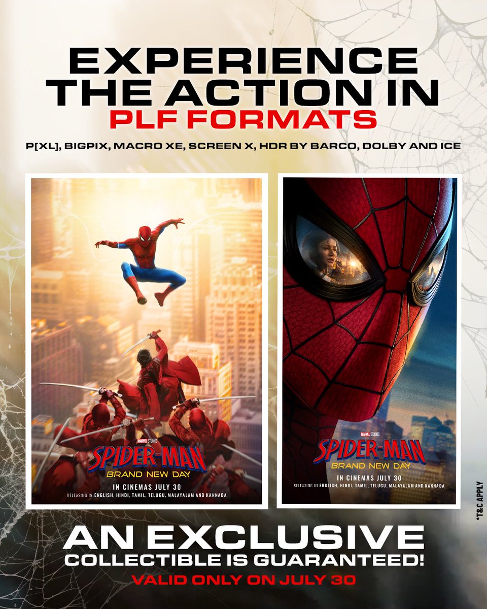 SonyPicsIndia's tweet photo. The bigger the experience, the better the reward 🕷️

Watch #SpiderManBrandNewDay in PLF formats and get an exclusive Spider-Man collectible, guaranteed!

In cinemas July 30, in English, Hindi, Tamil, Telugu, Malayalam &amp; Kannada. Tickets on sale in PLF formats &amp;
3D now! https://t.co/u9TXz1Fx2O
