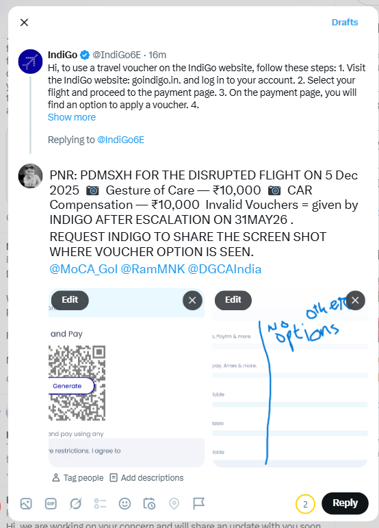 spburla's tweet photo. @IndiGo6E @IndiGo6E PNR: PDMSXH — Flight disrupted 5 Dec 2025
✅ Indigo Vouchers  issued  after escalation on 31 May 2026
❌ Voucher showing "INVALID PROMO CODE" on payment page
❌ No separate voucher field visible on payment page
But issue remains unresolved
@MoCA_GoI @RamMNK @DGCAIndia https://t.co/TDBbeXCdi5