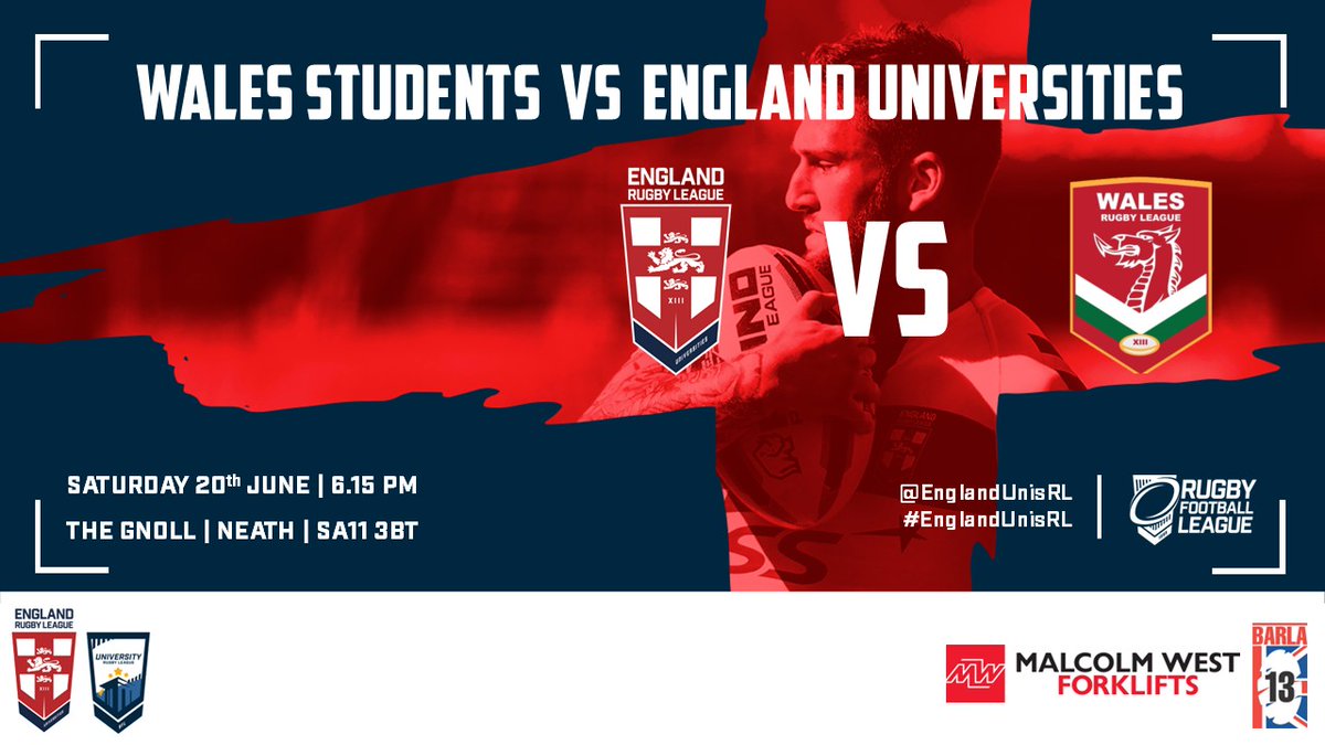 EnglandUnisRL's tweet photo. 🏴󠁧󠁢󠁷󠁬󠁳󠁿🆚🏴󠁧󠁢󠁥󠁮󠁧󠁿
Its the big one! @WalesRugbyL v @EnglandUnisRL to decide the @UniversityRL Four Nations Champions!

📍The Gnoll, SA11 3BT
🕞6.15pm  
🎟️https://t.co/sZEXkpJrml
📺https://t.co/bfO5hDeLhr

Please note: ticket and live stream prices have been set by the hosts.

#EnglandUnisRL https://t.co/Aa0eso5Hui