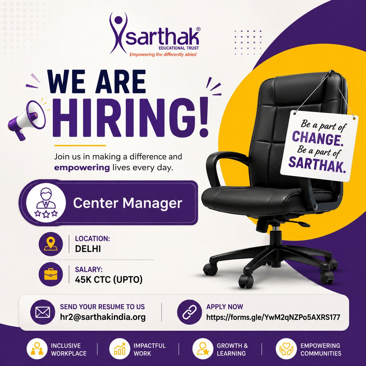 SarthakEducati2's tweet photo. π’ Weβre Hiring β Center Manager!
π Location: Delhi
πΌ Salary: Up to βΉ45,000 CTC
Experience Required: Minimum 2 years of placement experience (mandatory)
Apply: hr2@sarthakindia.org
π https://t.co/iyQKsLXvOO
@DelhiJobs
#WeAreHiring #CenterManager #Jobs #HiringNow #delhijob https://t.co/iI0mT1Vqtu