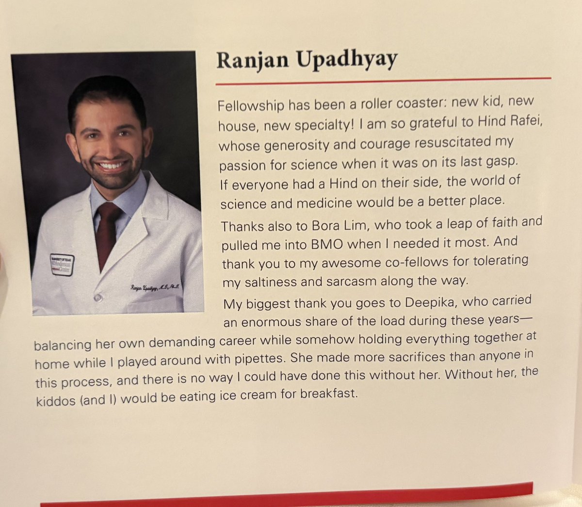 HindRafei's tweet photo. What an incredible night celebrating our outstanding Hematology/Oncology fellows graduating from the premier program @UTMDAnderson.
I was especially honored to present the Waun Ki Hong Award for Achievement in Basic Science Research to @RanjanMDPhD. Ranjan’s work has been truly exceptional, and this recognition is so well deserved.
Ranjan was the first (quite courageous) fellow to join my group, and it has been a privilege to watch his scientific vision, rigor, and dedication grow. I am thrilled that he will continue his journey as an Advanced Scholar/instructor in the Division of Cancer Medicine, where he will pursue his noble quest to make cancer history through science in the #RafeiLab while caring for patients with breast cancer in BMO.
Congratulations, Ranjan, and congratulations to all of the graduating fellows and awardees! I am so excited to see what the future holds for each of you.
Grateful to Drs. @CarinHagberg, @ChrisRFlowersMD, @vincedcataldo and the Division of Cancer Medicine for their support and leadership in training the next generation of physician-scientists and oncologists.