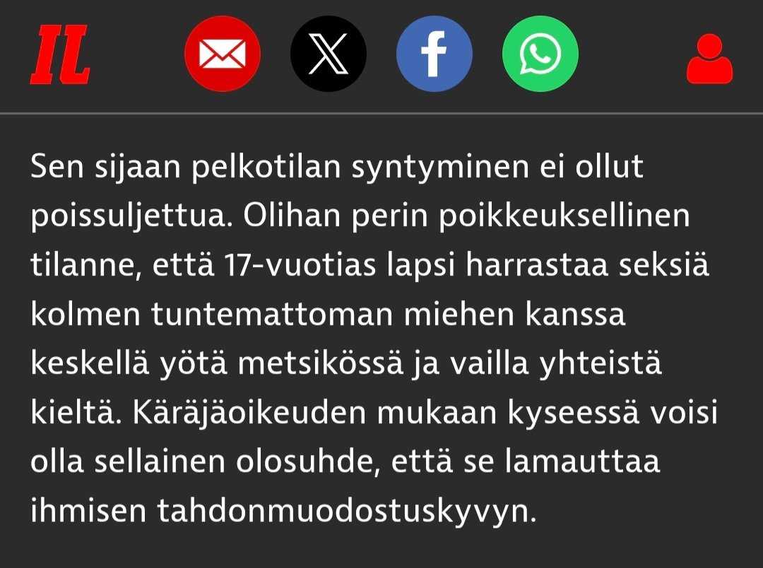 ALiponen's tweet photo. @iltalehti_fi ILTALEHTI:
"Olihan perin poikkeuksellinen tilanne, että 17-vuotias lapsi harrastaa seksiä kolmen tuntemattoman miehen kanssa keskellä yötä metsikössä ja vailla yhteistä kieltä." https://t.co/q5mNWa2TG6