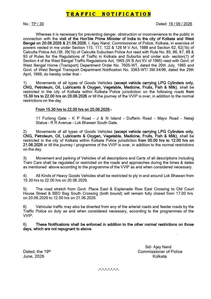 KolkataPolice's tweet photo. Traffic Notification.
In view of the celebration of International Yoga Day and visit of the Hon’ble Prime Minister of India in the city on 20 & 21 June 2026, temporary traffic regulations and diversions will be in force at certain locations.

Commuters are requested to plan their travel accordingly and cooperate with traffic personnel. 

Please refer to the detailed notification below.