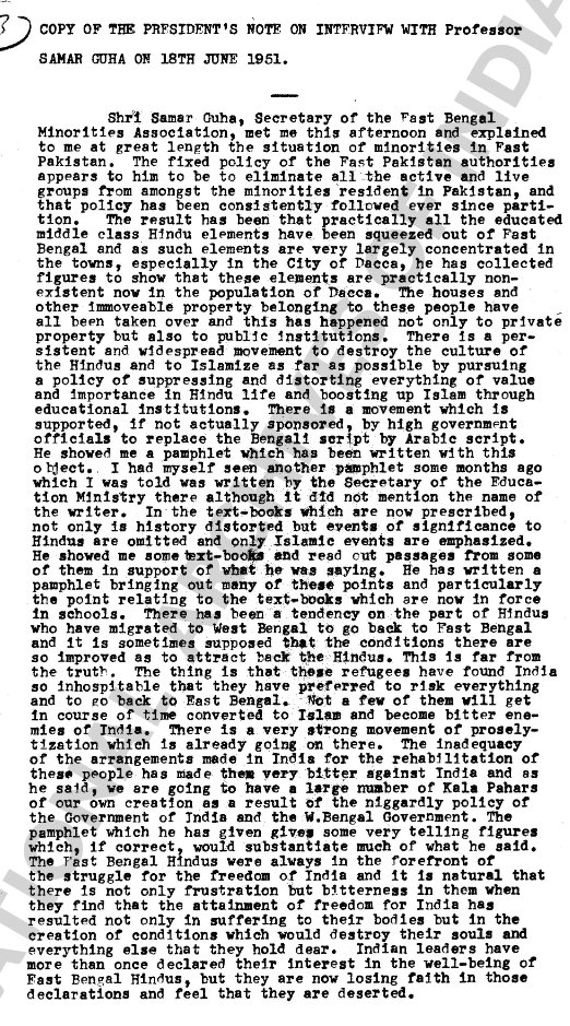 anujdhar's tweet photo. In June 1951, Prof Samar Guha (known to all of us as great Netaji follower) reported to President Rajendra Prasad about the systematic annihilation of the minorities (mostly Hindus) in east Pakistan (now Bangladesh). Guha gave the president copies of his previous booklets, the foreword for one of which had been written by Dr Syama Prasad Mookerjee. According to Mookerjee, Guha was "eminently qualified to deal with this subject [as] he speaks from his personal knowledge".  Several years later, Guha and others gave far more graphic accounts (especially those related to hapless Hindu women) to Gumnami Baba (Netaji in disguise) who was horrified and became very very bitter.  @monidipadey  @Sanjay_Dixit @chandrachurg @tathagata2