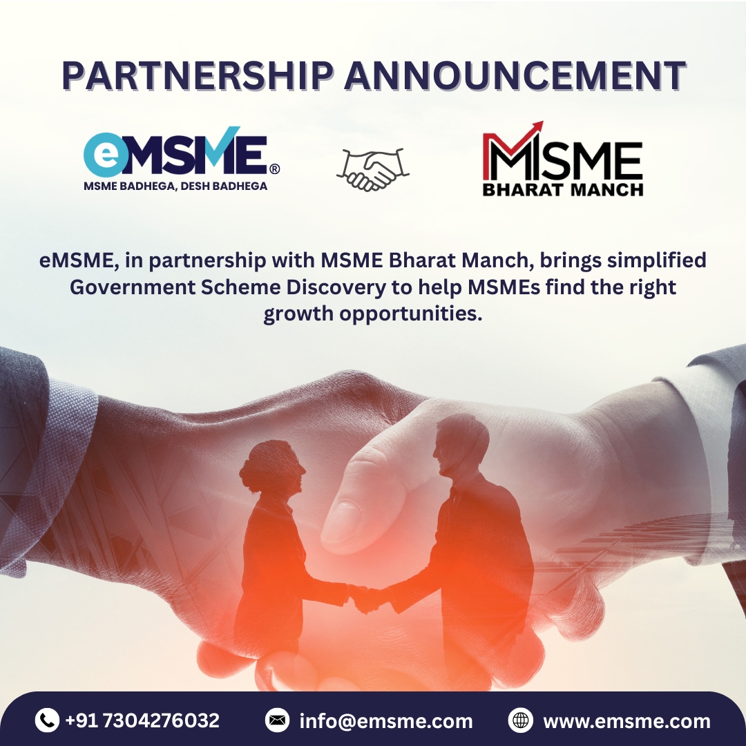 AJVAeMSME's tweet photo. We are proud to announce our partnership with MSME Bharat Manch to simplify Government Scheme Discovery for MSMEs.

Businesses can easily discover relevant government schemes, benefits, and growth opportunities.

Discover more: https://t.co/dqAo68kac7

#emsme #msmebharatmanch https://t.co/cAfHbbKeIC