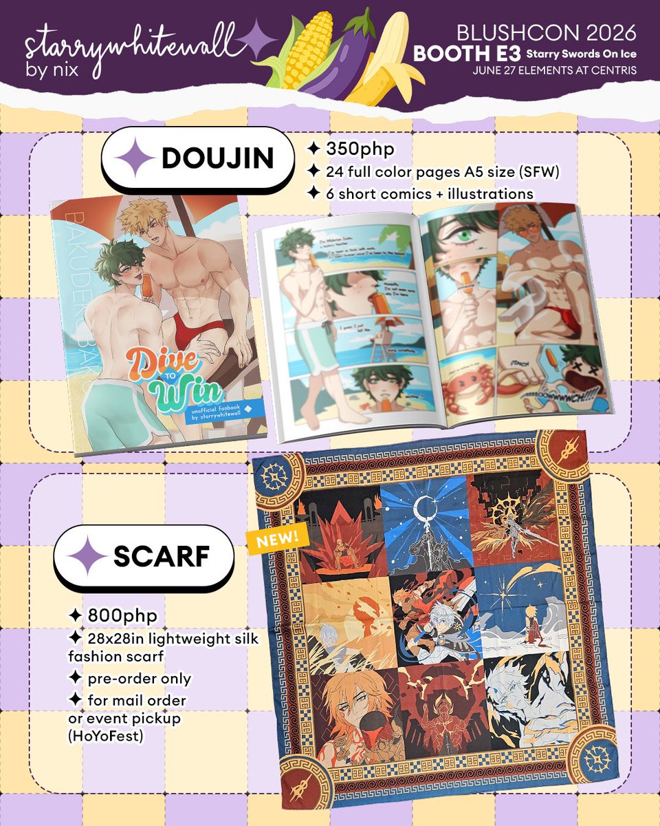 starrywhitewall's tweet photo. ⭐️Like/Share🙏⭐️ (1/3)

Fav event of the year is here 🥰 See you at #BlushCon2026! Pls check replies for reservation process! ⬇️

Scarf PO for h0yofest pickup/mail only!

🌈 Phaidei, BKDK, Hoyo, WHA, vtubers, etc
📍 Booth E3, Elements at Centris, June 27 https://t.co/eyEWl9vvJA