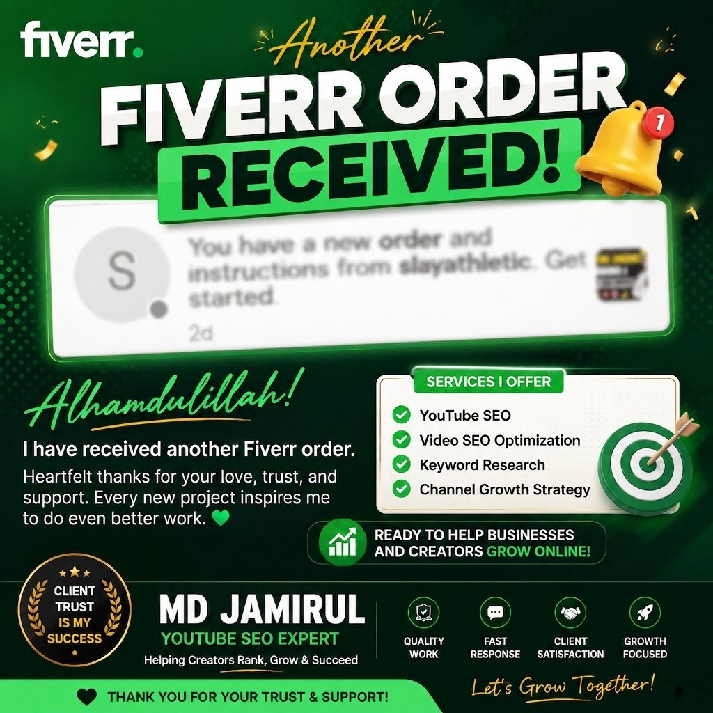DigitalmarketBn's tweet photo. Another Fiverr order secured. Big thanks to my clients for the incredible trust and support.

Ready to boost your YouTube views and rank higher in search results? Let's optimize your videos for real organic growth!

📩 DM me today to get started!

#YouTubeSEO #Fiverr #SEOExpert https://t.co/XmGtIP5YXY